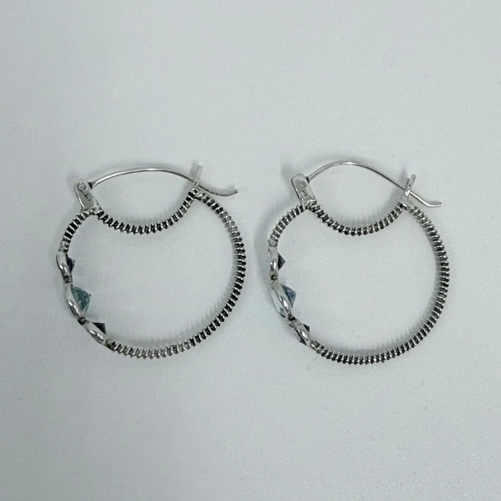 Large Sterling Thin Cable Hoops Amethyst and Blue Topaz 6 Grams Pierced Ears
